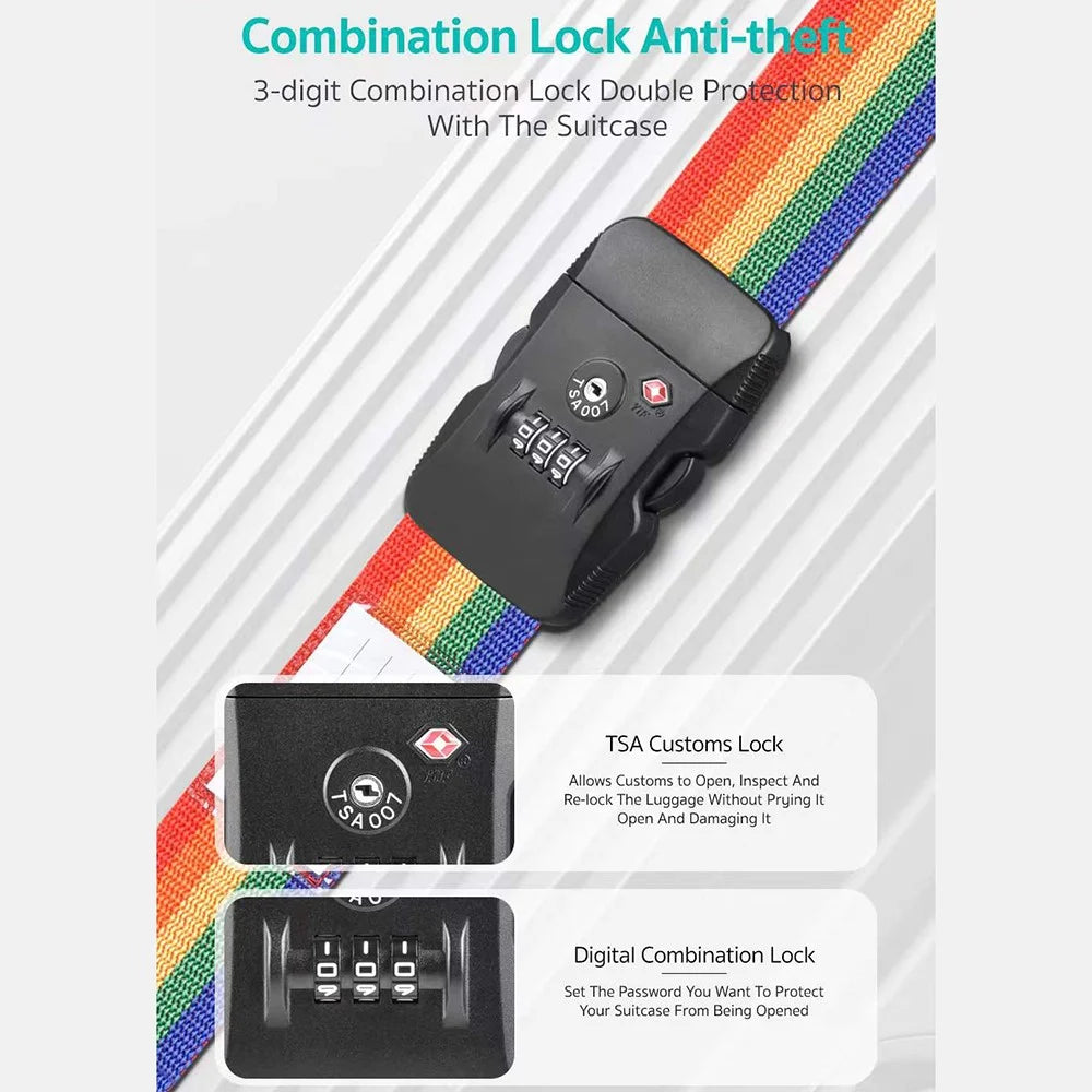COTECI TR-004 Luggage Strap TSA Approved Customs Combination Lock 2m Nylon Reinforced Belt for Travel Security - Black - 6