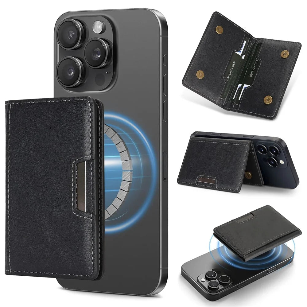 Magnetic Card Holder Wallet Compatible with MagSafe Foldable Stand PU Leather Card Case - Black - 1
