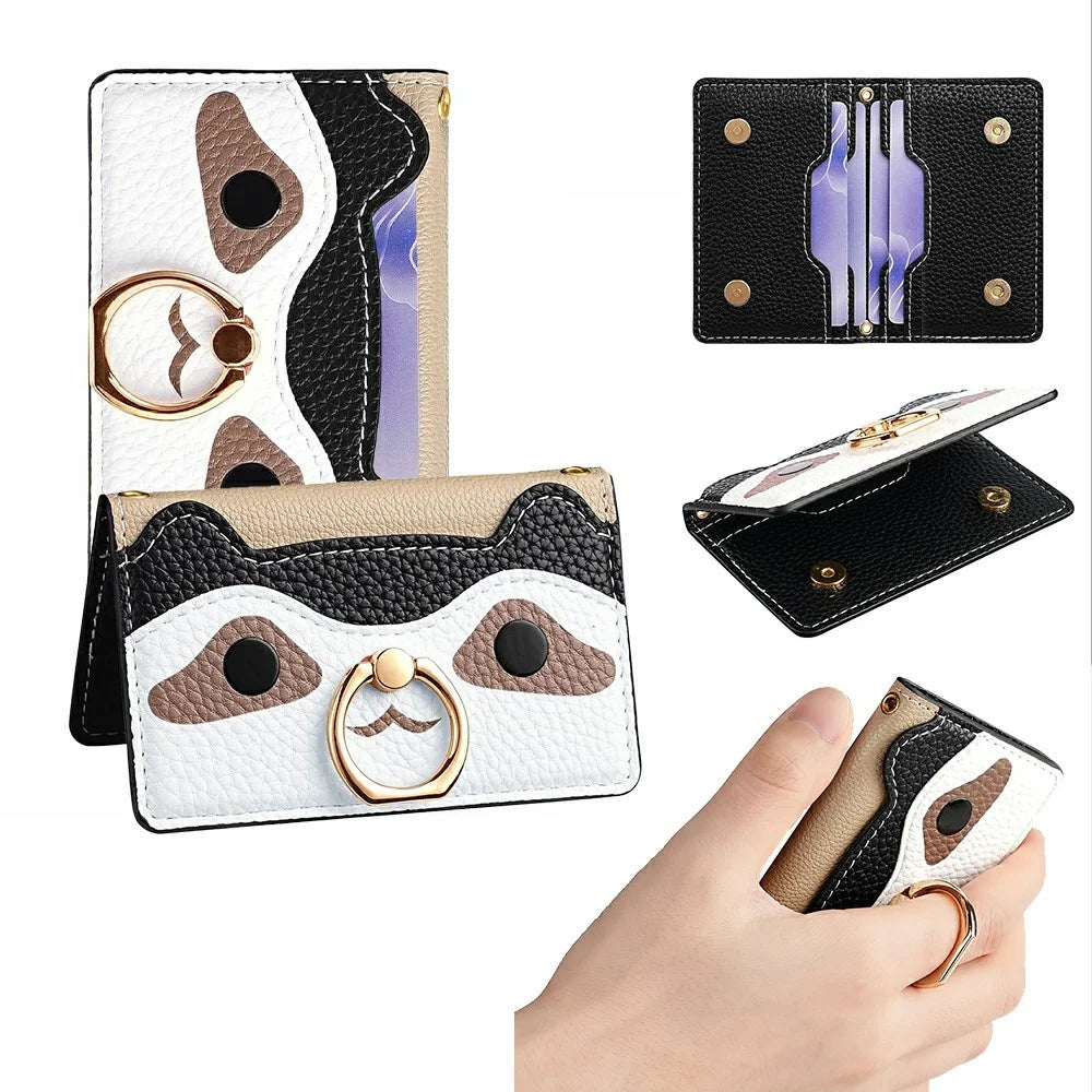 Raccoon Phone Card Holder Adhesive Leather Card Slot Ring Kickstand with 35cm Short Strap 70-140cm Long Strap - Black - 1