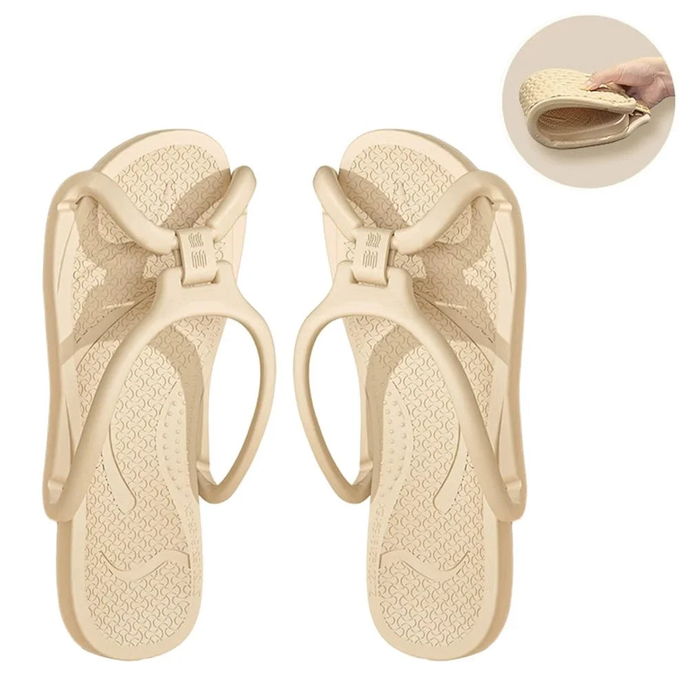 1 Pair Size 43-44 Foldable Travel Slippers EVA Anti-Odor Non-Slip Portable Hotel Bathroom Slippers for Couple - Beige - 1