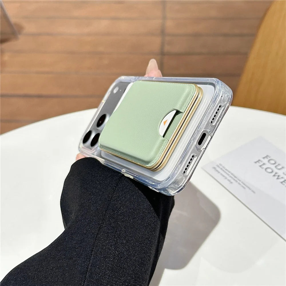 Magnetic Phone Card Holder with Mirror Slim Folding Stand Attachment PU Leather Wallet - Matcha Green - 4