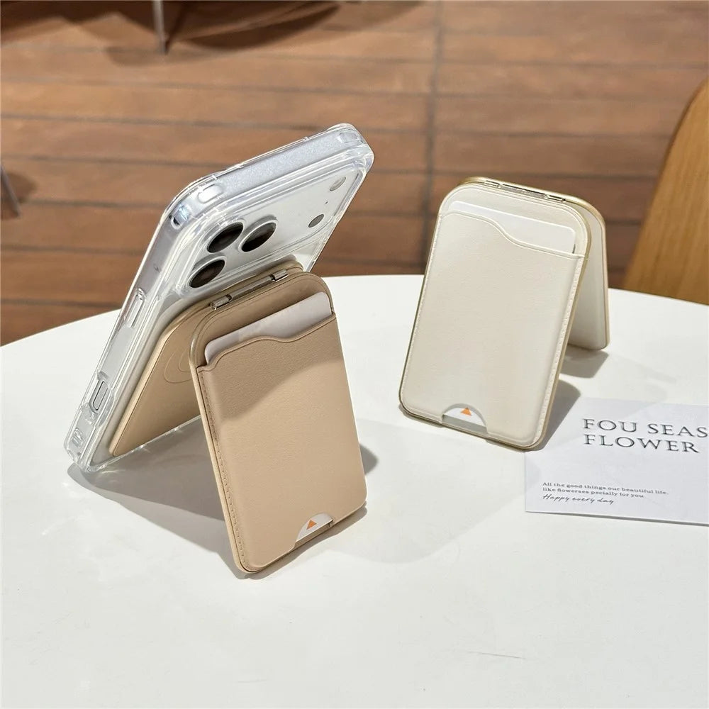Magnetic Phone Card Holder with Mirror Slim Folding Stand Attachment PU Leather Wallet - Matcha Green - 5