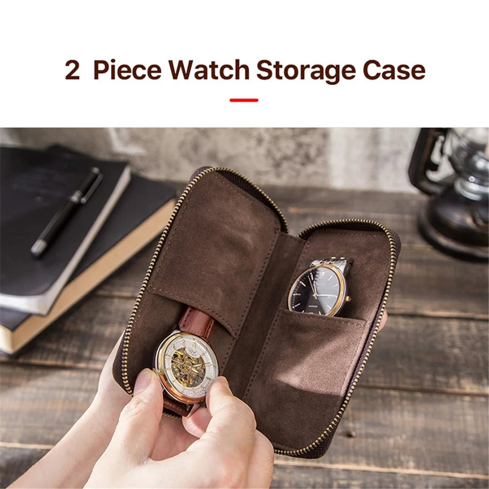 CONTACTS FAMILY Portable Watch Storage Case Genuine Leather Zipper Watch Bag Holder for 2 Watches - 4
