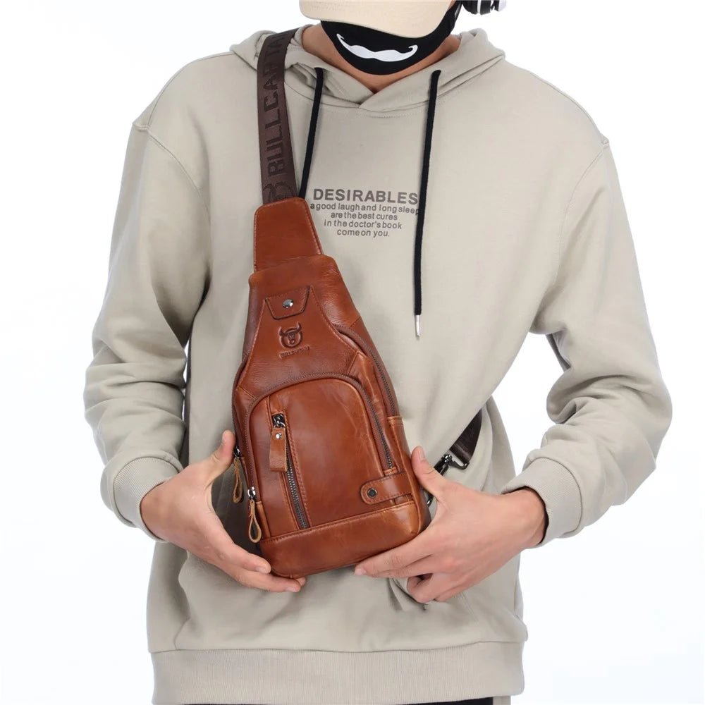 BULLCAPTAIN 129 Top-Layer Cowhide Leather Outdoor Chest Bag Crossbody Sling Bag Casual Daypack - Brown - 4