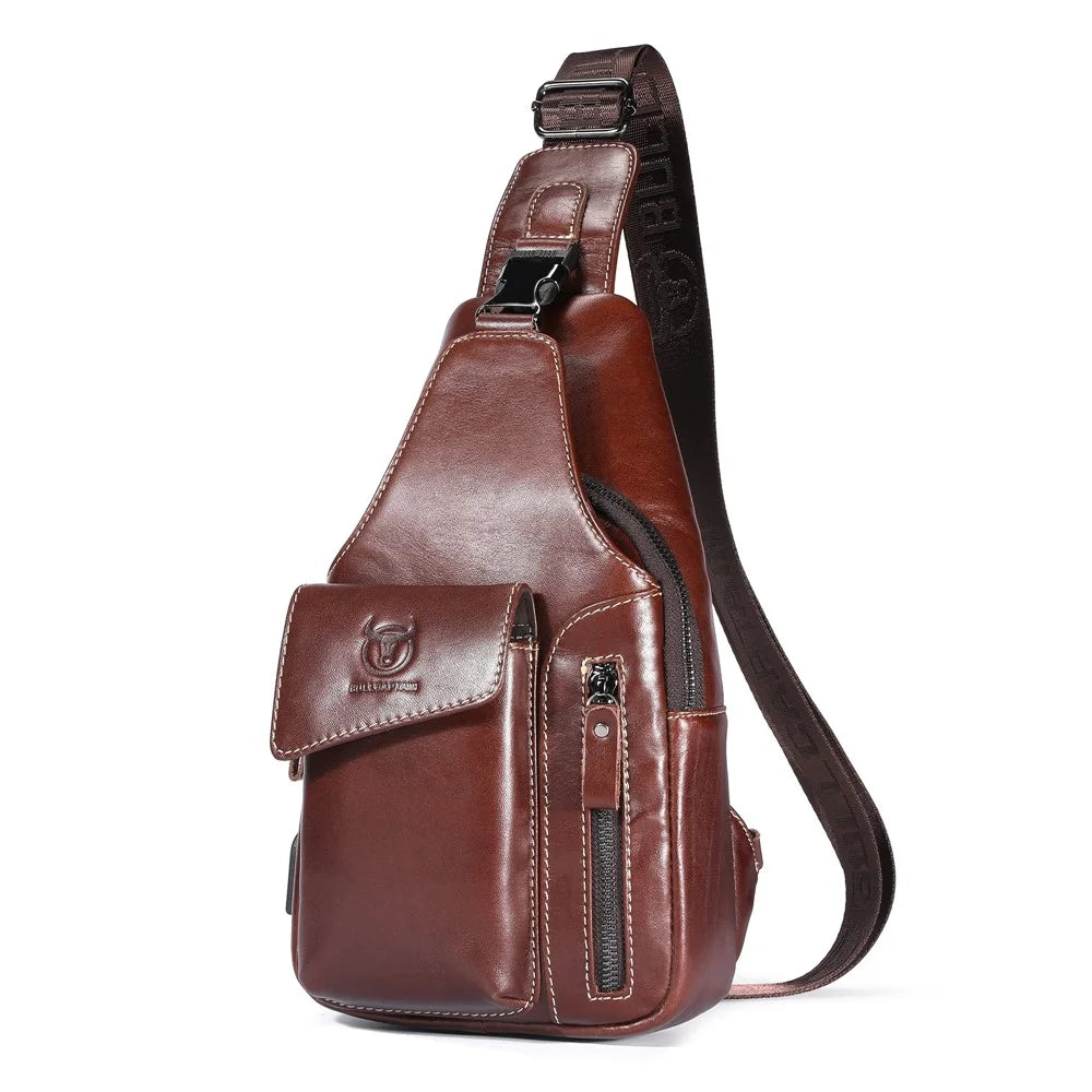 BULLCAPTAIN 0128 Crossbody Bag Chest Bag Top-Layer Cowhide Leather Daypack with USB Charging Port - Brown - 1