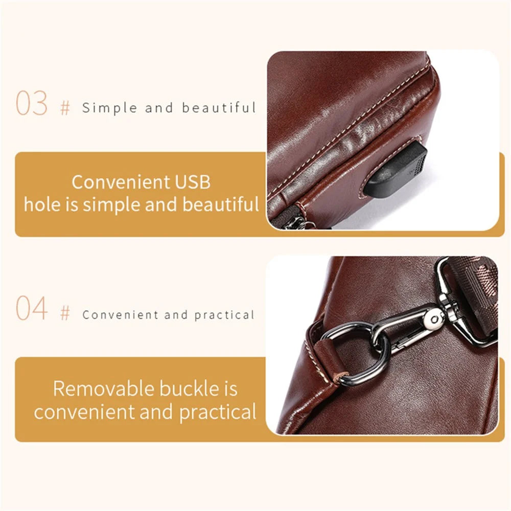 BULLCAPTAIN 0128 Crossbody Bag Chest Bag Top-Layer Cowhide Leather Daypack with USB Charging Port - Brown - 4