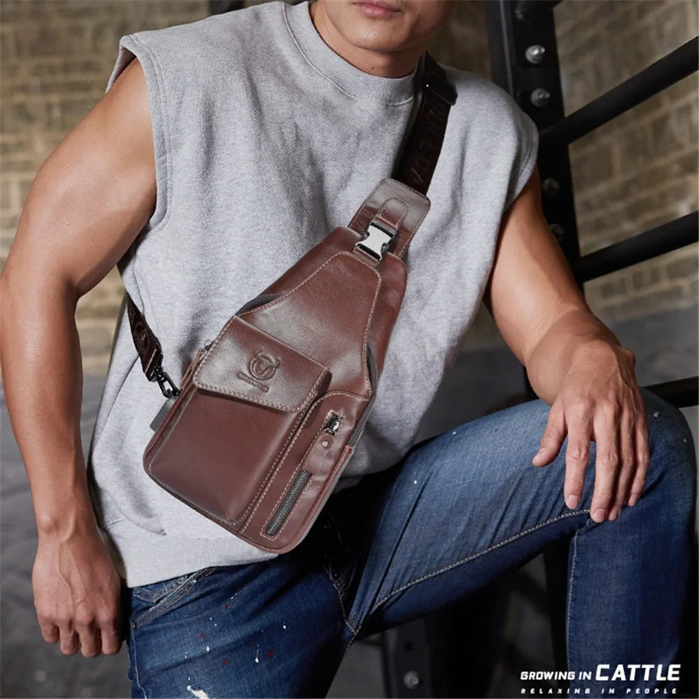 BULLCAPTAIN 0128 Crossbody Bag Chest Bag Top-Layer Cowhide Leather Daypack with USB Charging Port - Brown - 5