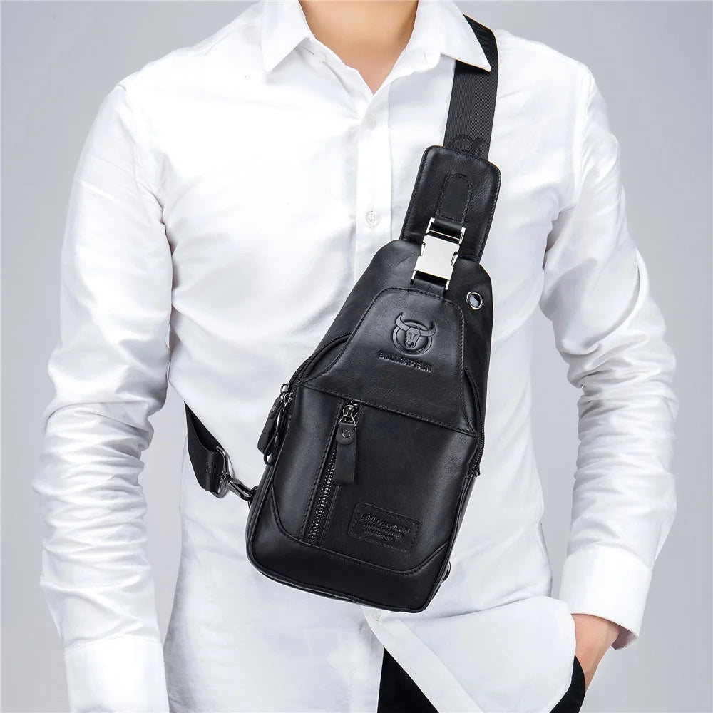 BULLCAPTAIN 095 Casual Chest Bag Top-Layer Cowhide Leather Crossbody Bag Travel Bag Daypack - Black - 2