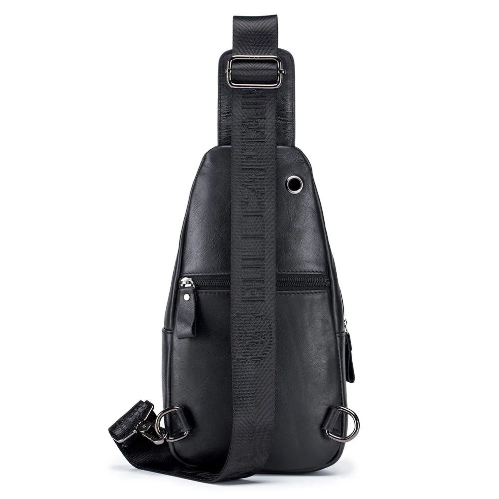 BULLCAPTAIN 095 Casual Chest Bag Top-Layer Cowhide Leather Crossbody Bag Travel Bag Daypack - Black - 4
