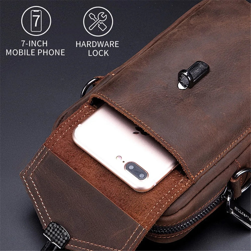 BULLCAPTAIN Crazy Horse Texture Genuine Cowhide Leather Belt Bag for Under 7" Smartphone Waist Pouch with Shoulder Strap - Coffee - 2