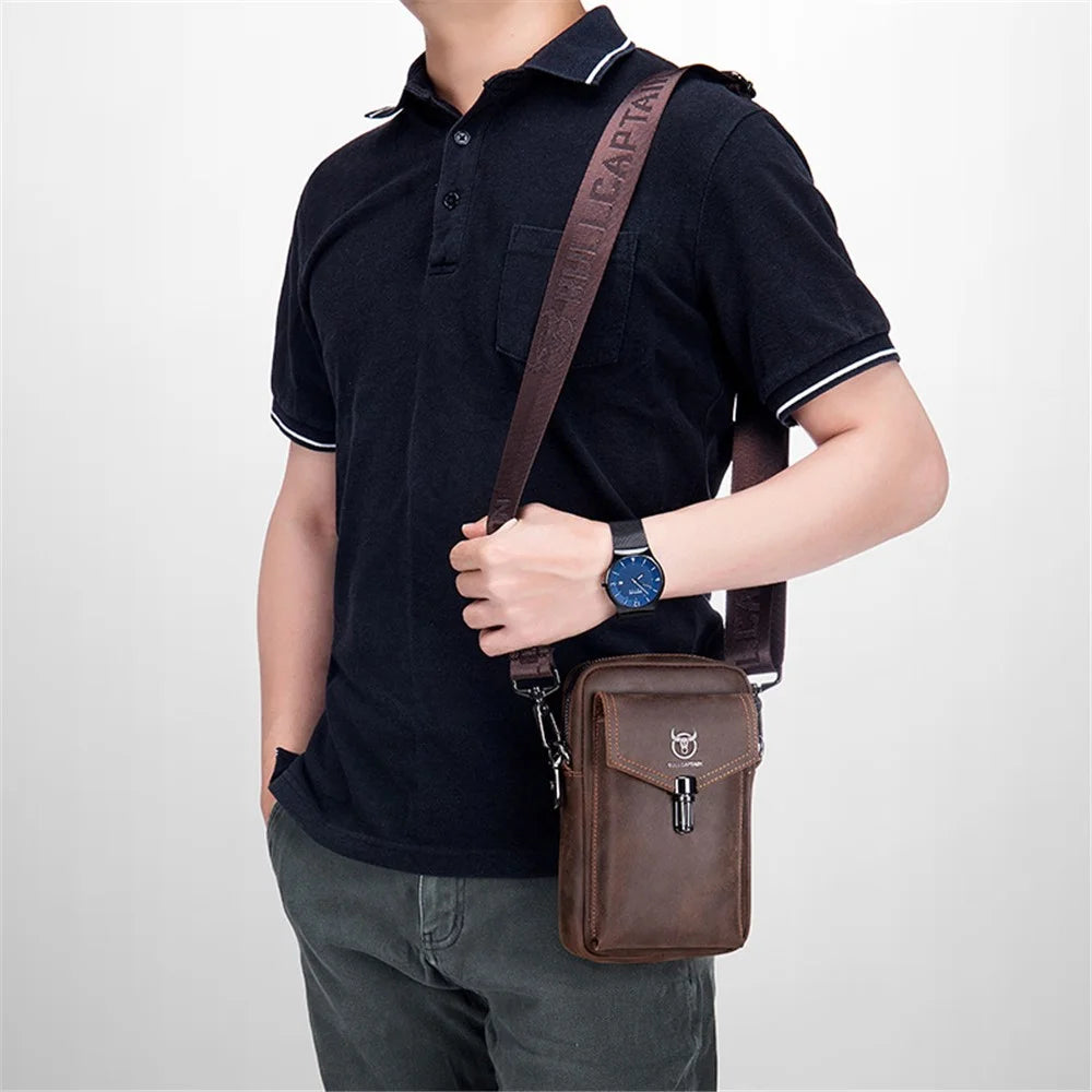 BULLCAPTAIN Crazy Horse Texture Genuine Cowhide Leather Belt Bag for Under 7" Smartphone Waist Pouch with Shoulder Strap - Coffee - 5