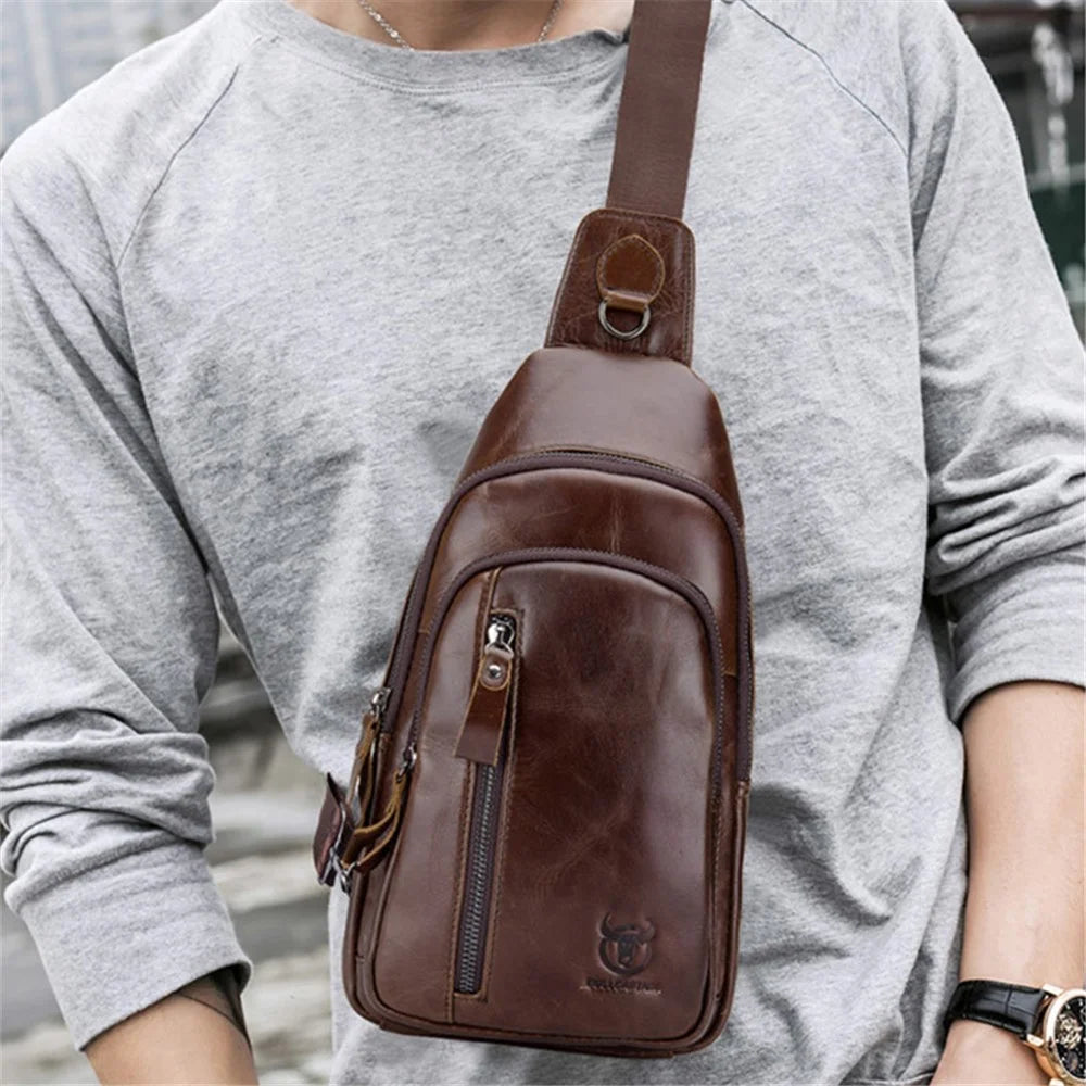 BULLCAPTAIN 100 Top-Layer Cowhide Leather Sports Chest Bag Crossbody Single Shoulder Bag Daypack - Coffee - 2