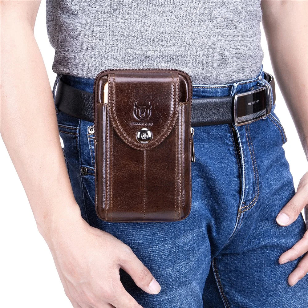 BULLCAPTAIN Genuine Cowhide Leather Pouch for 5.0-5.5" Mobile Phones Vertical Belt Bag with Hook - Brown - 2