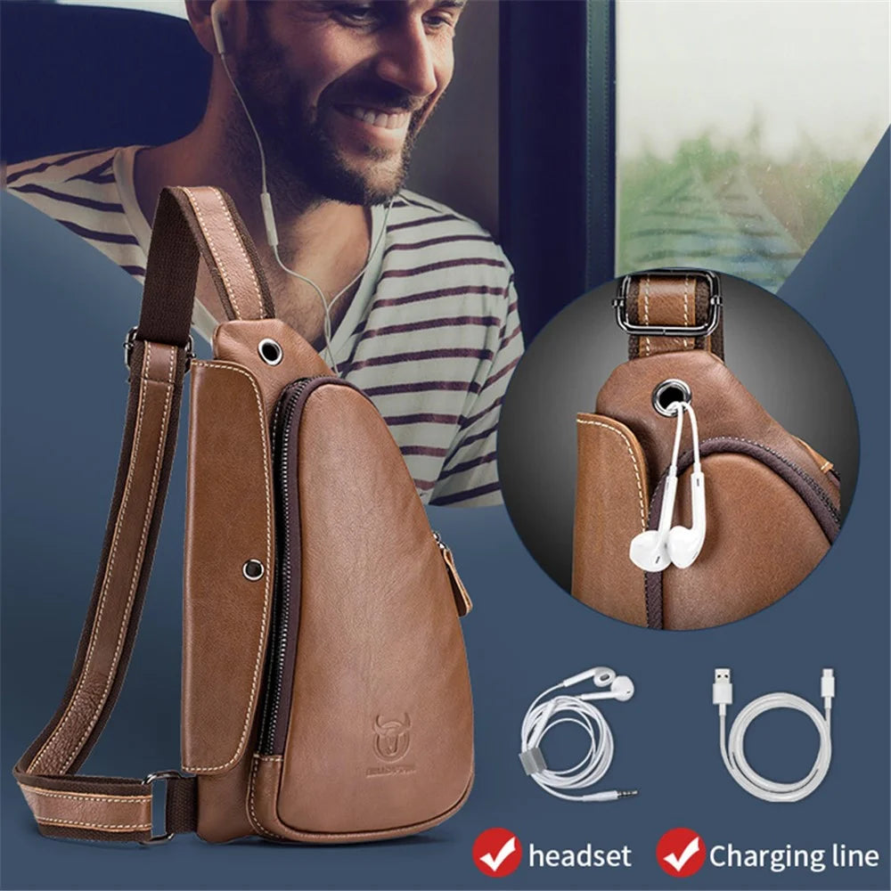BULLCAPTAIN 125 Sport Casual Men Chest Bag Top Layer Cowhide Crossbody Single Shoulder Bag - Brown - 3
