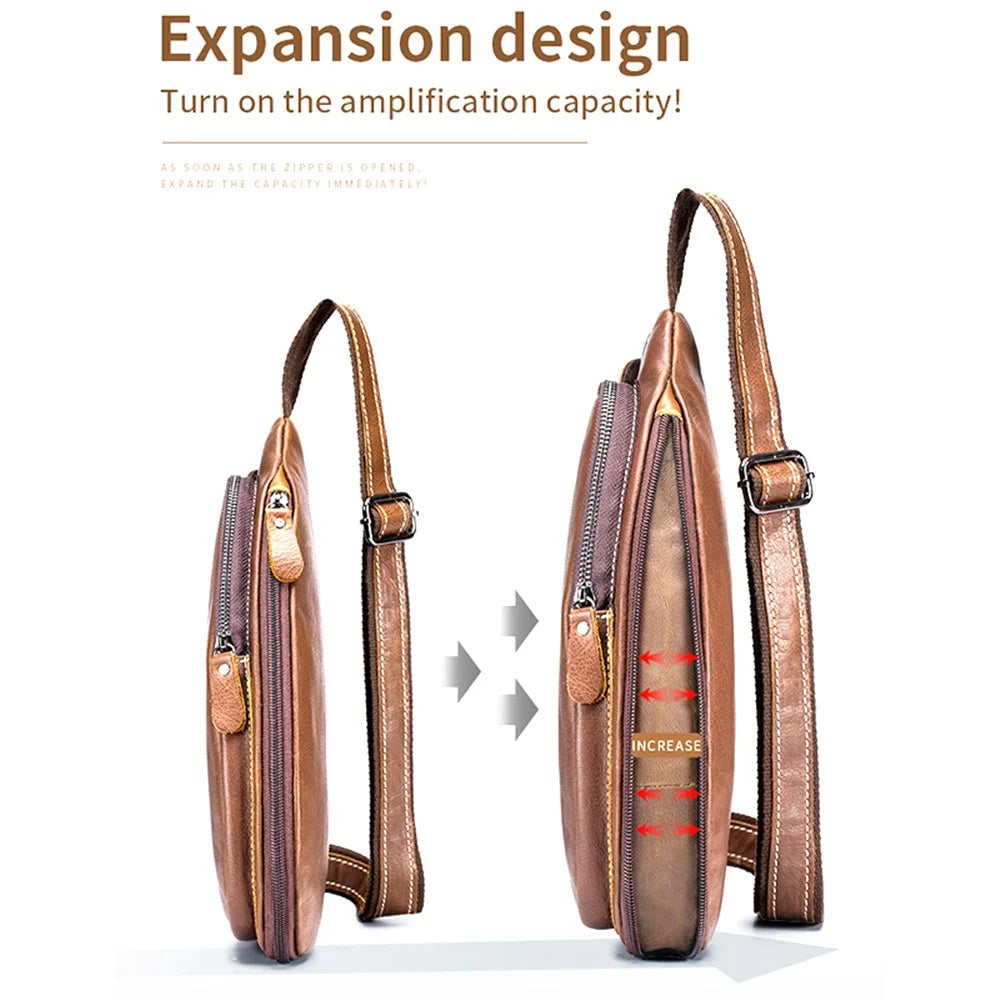 BULLCAPTAIN 125 Sport Casual Men Chest Bag Top Layer Cowhide Crossbody Single Shoulder Bag - Brown - 7