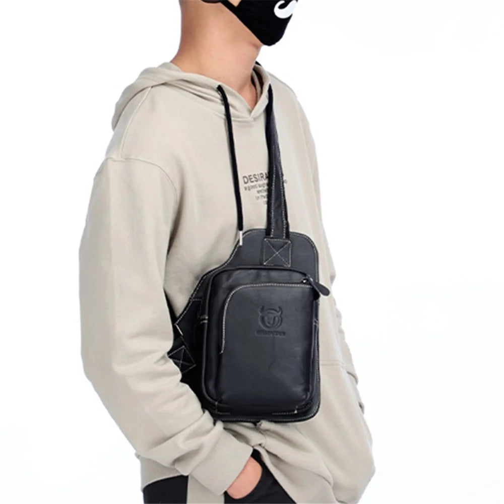 BULLCAPTAIN 2101-xb013 Top-layer Cowhide Leather Chest Bag Crossbody Bat-shape Sling Bag for Hiking, Cycling, Travel, Work - Black - 5