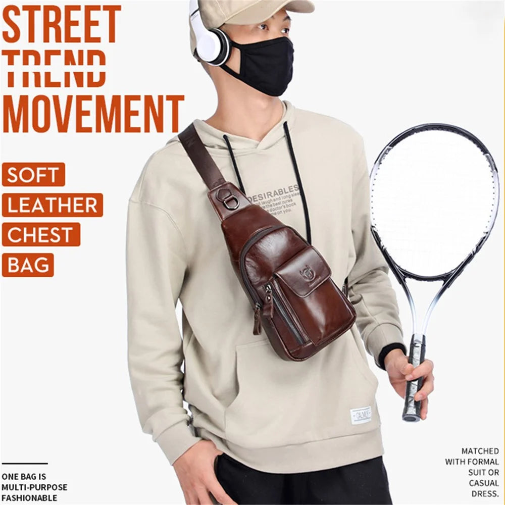 BULLCAPTAIN 121 Retro Style Chest Bag Top-Layer Cowhide Leather Crossbody Sling Bag for Travel, Hiking, Business Trip - Coffee - 2