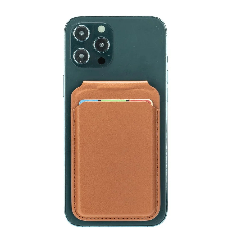 For iPhone 12-15 Series Magnetic PU Leather Card Bag Kickstand Phone Back Card Holder - Brown - 5