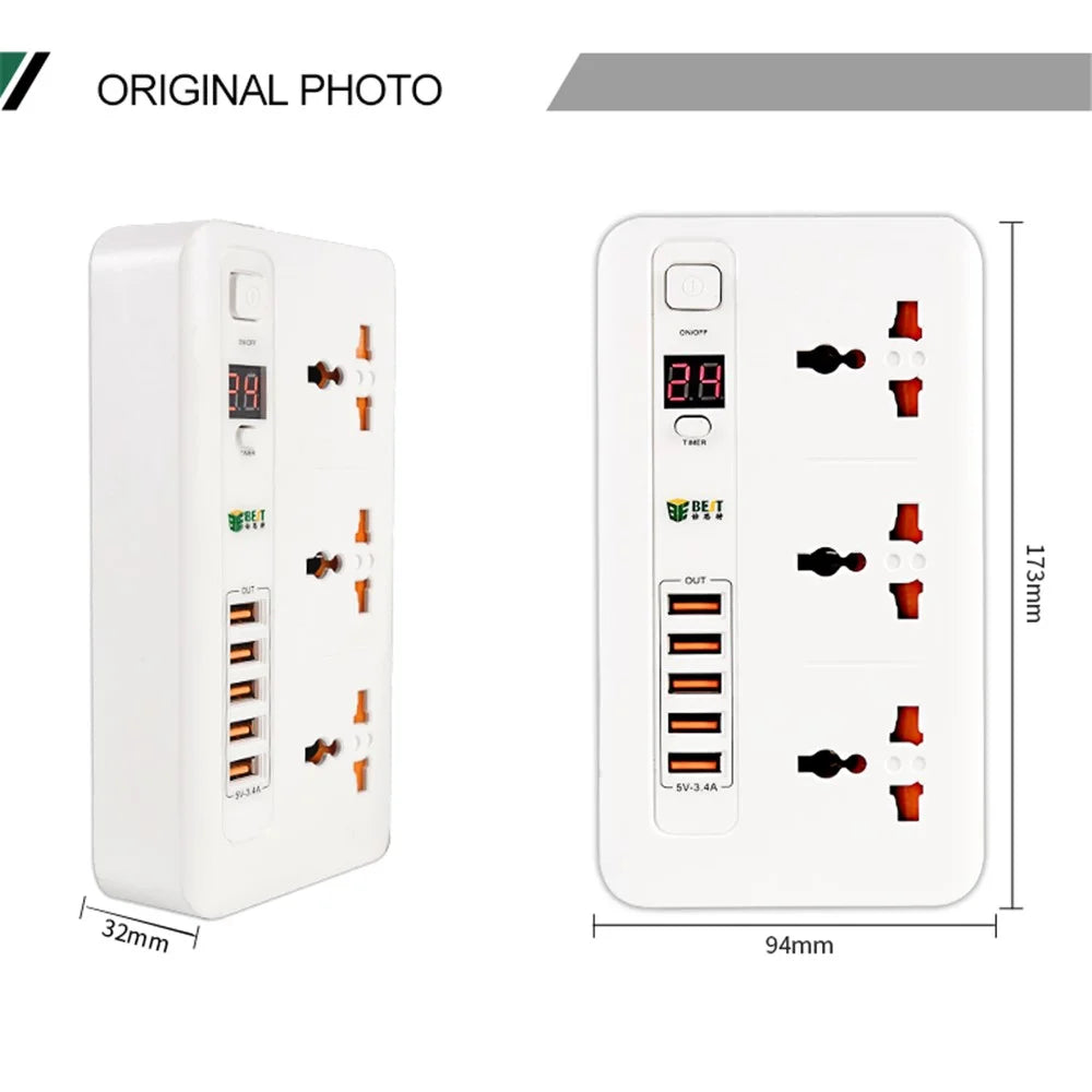 BEST BST-04 Power Strip 3 AC Outlets Time Setting with 5 USB Charging Ports Surge Protector (EU Plug) - Random Color - 7