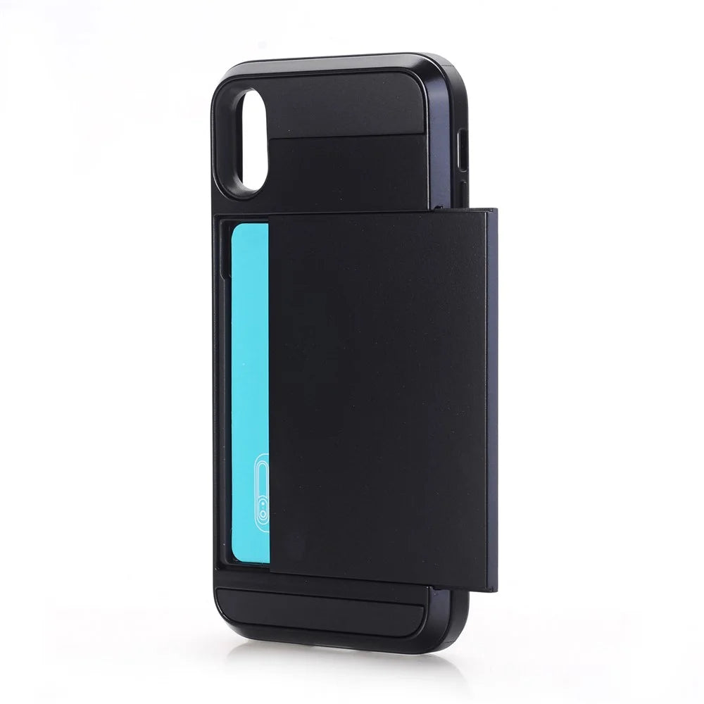 For Apple iPhone X/XS 5.8 inch Sliding Card Holder PC + TPU Hybrid Phone Case - Black - 1