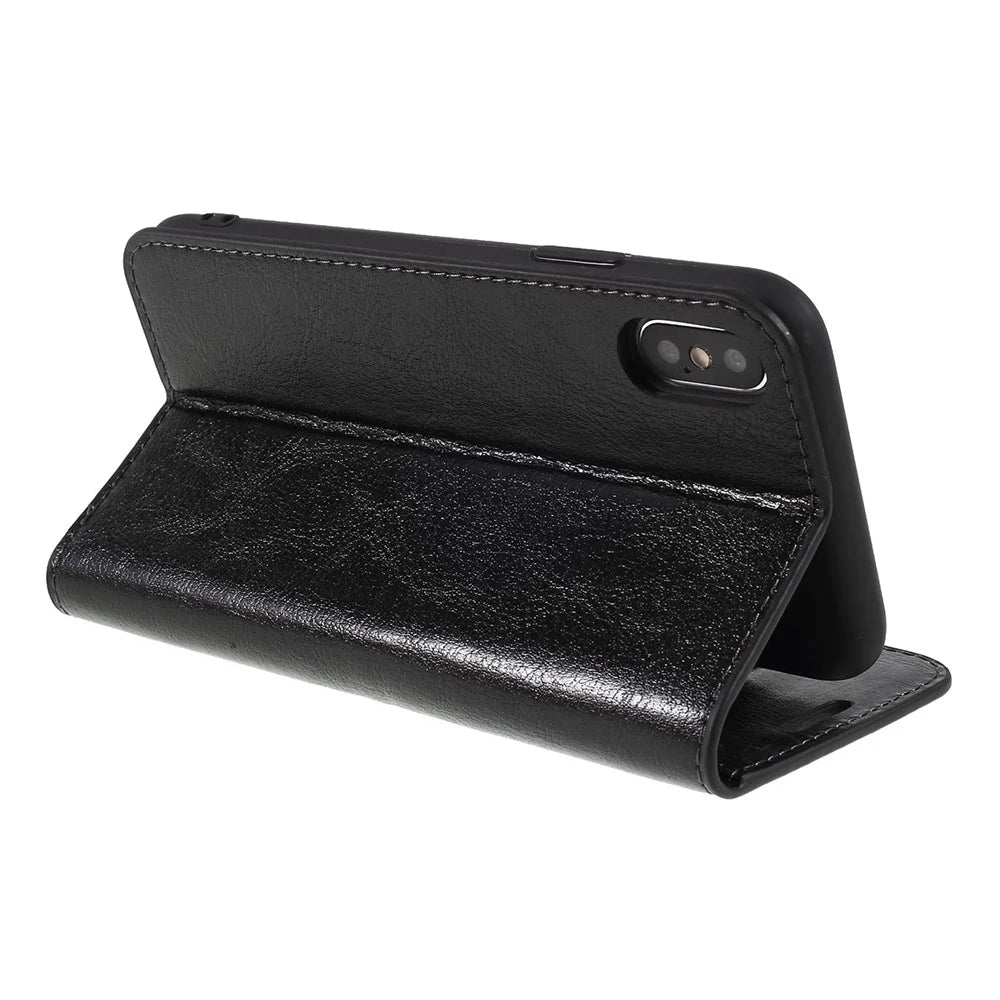 Crazy Horse Genuine Leather Case for iPhone X 5.8 inch, Stand Wallet Flip Folio Protective Cover - Black - 5