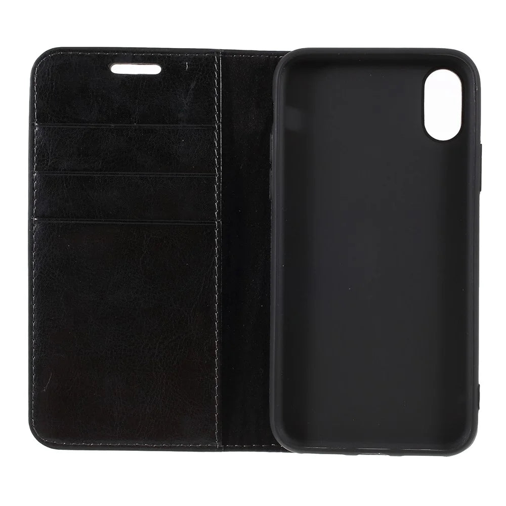 Crazy Horse Genuine Leather Case for iPhone X 5.8 inch, Stand Wallet Flip Folio Protective Cover - Black - 7