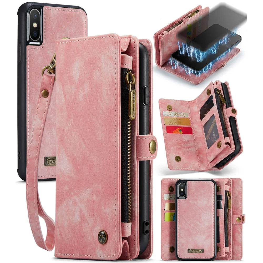 CASEME 008 Series Phone Case for iPhone X (Ten) / XS Detachable 2-in-1 PU Leather Phone Cover with Zipper Wallet - Pink - 1