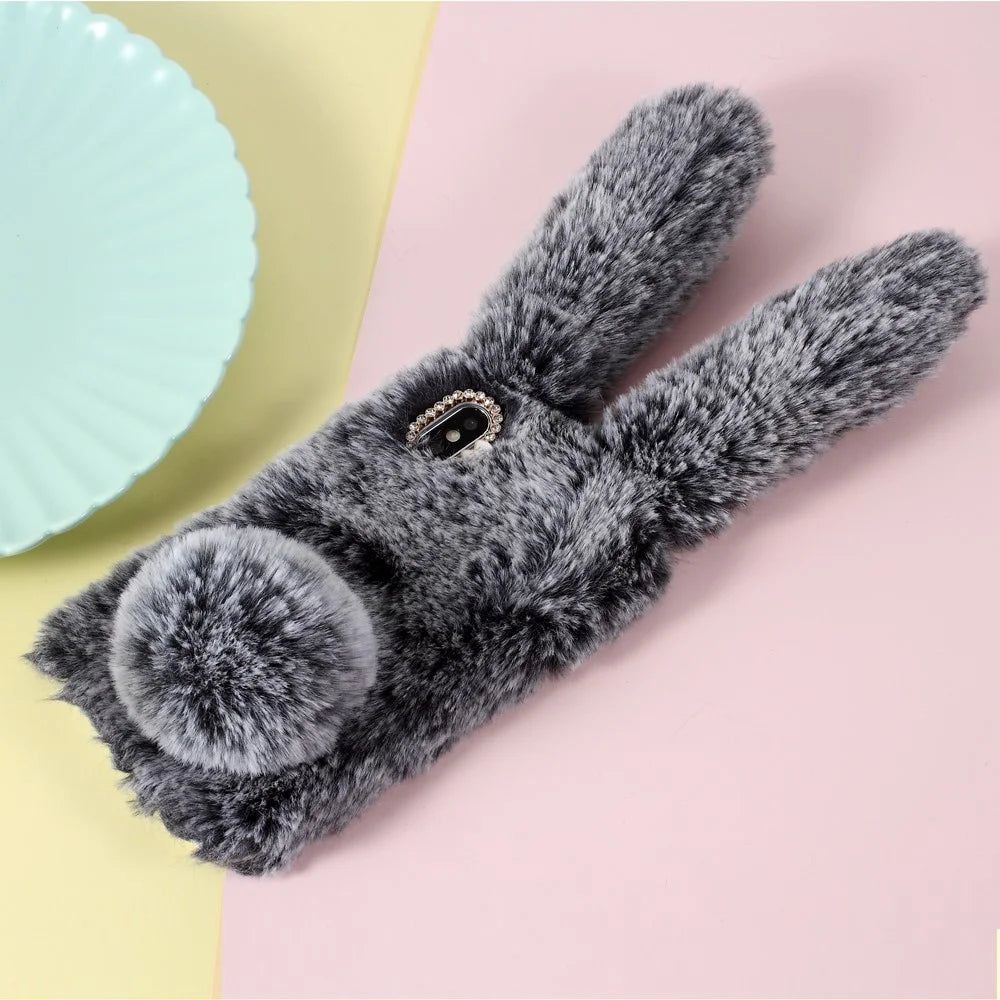 Rabbit Shape Fluffy Fur Coated Rhinestone TPU Gel Case for iPhone XS/X 5.8 inch - Coffee - 2