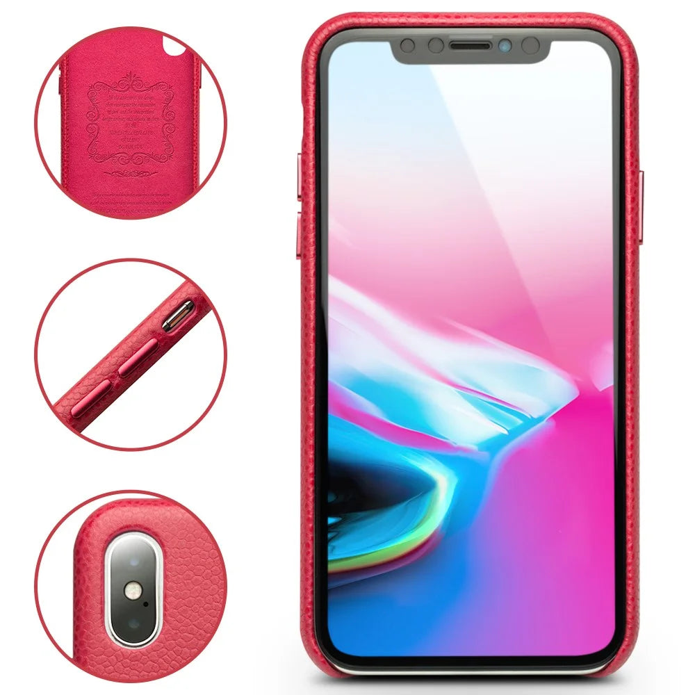 QIALINO Classic Litchi Texture Calf Skin Genuine Leather Coated Plastic Thin Cover Accessory for iPhone X/ XS 5.8 inch - Red - 6