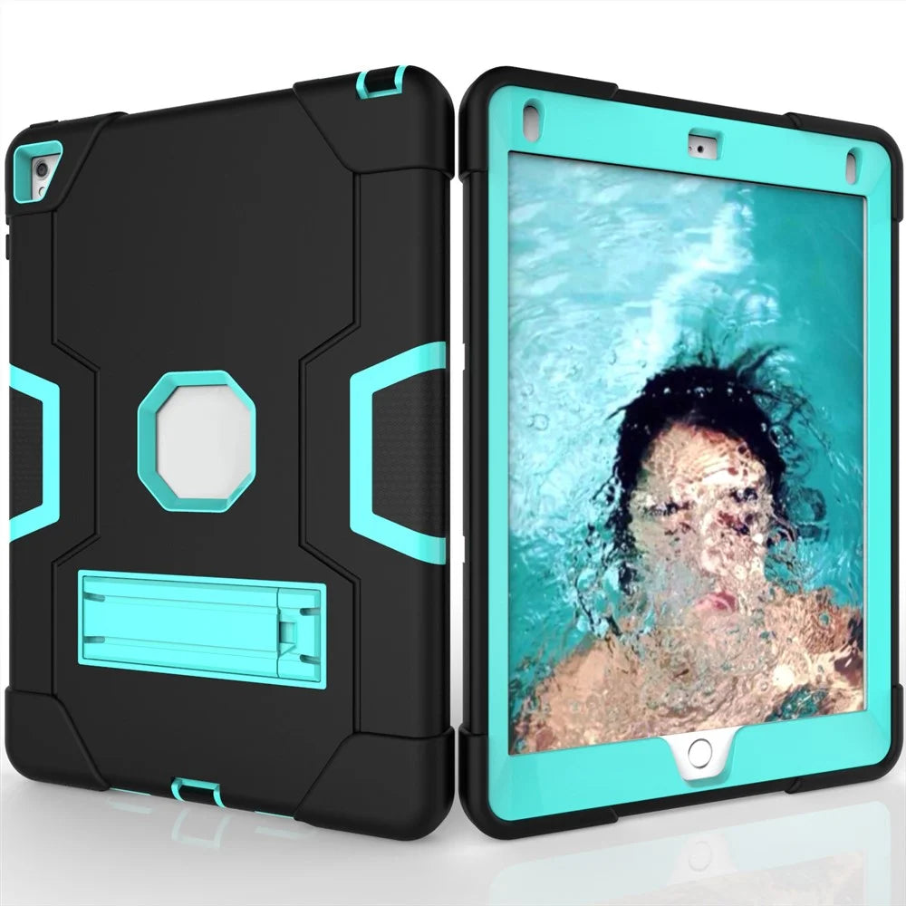 Dual Color PC + Silicone Armor Defender Kickstand Cover for iPad Pro 9.7 inch (2016) - Black + Mint Green - 2