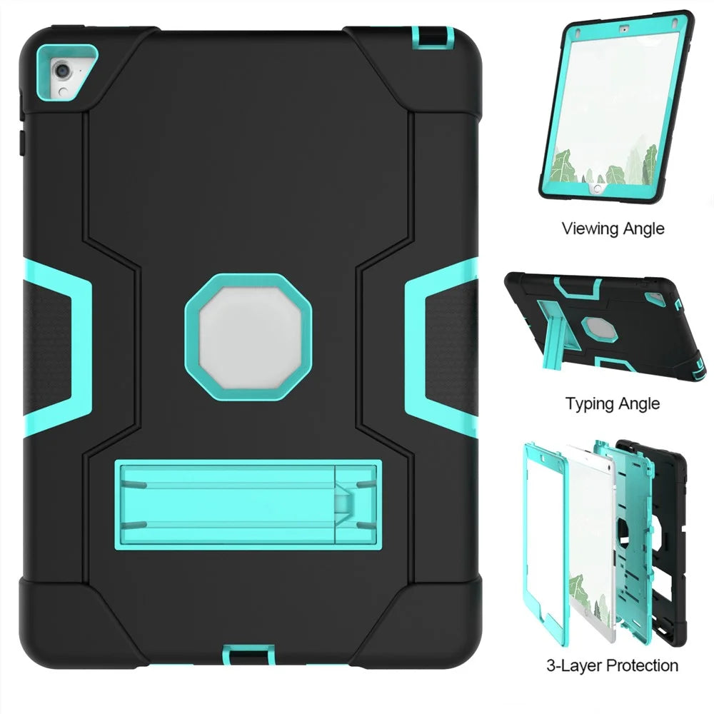 Dual Color PC + Silicone Armor Defender Kickstand Cover for iPad Pro 9.7 inch (2016) - Black + Mint Green - 7