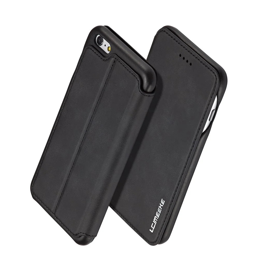 LC.IMEEKE for iPhone 6s Plus/6 Plus Retro Style Leather Card Holder Stand Case - Black - 1