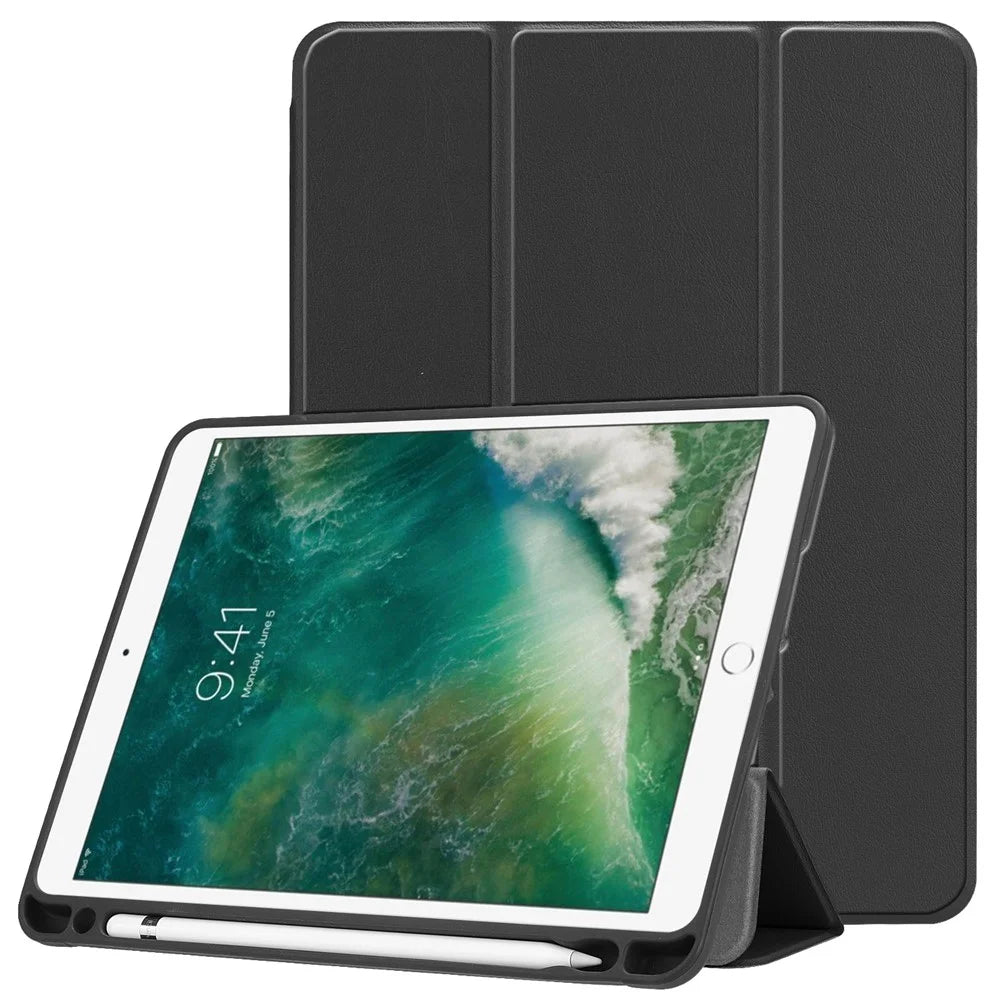 Tri-fold Stand Smart Leather Tablet Protective Casing with Pen Slot for iPad 9.7-inch (2018) / 9.7-inch (2017) - Black - 1