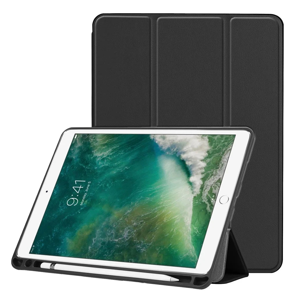 Slim Shockproof Case for iPad Air 10.5 (2019) / Pro 10.5 (2017) PU Leather Tablet Cover Tri-fold Stand Protector with Pen Slot - Black - 1