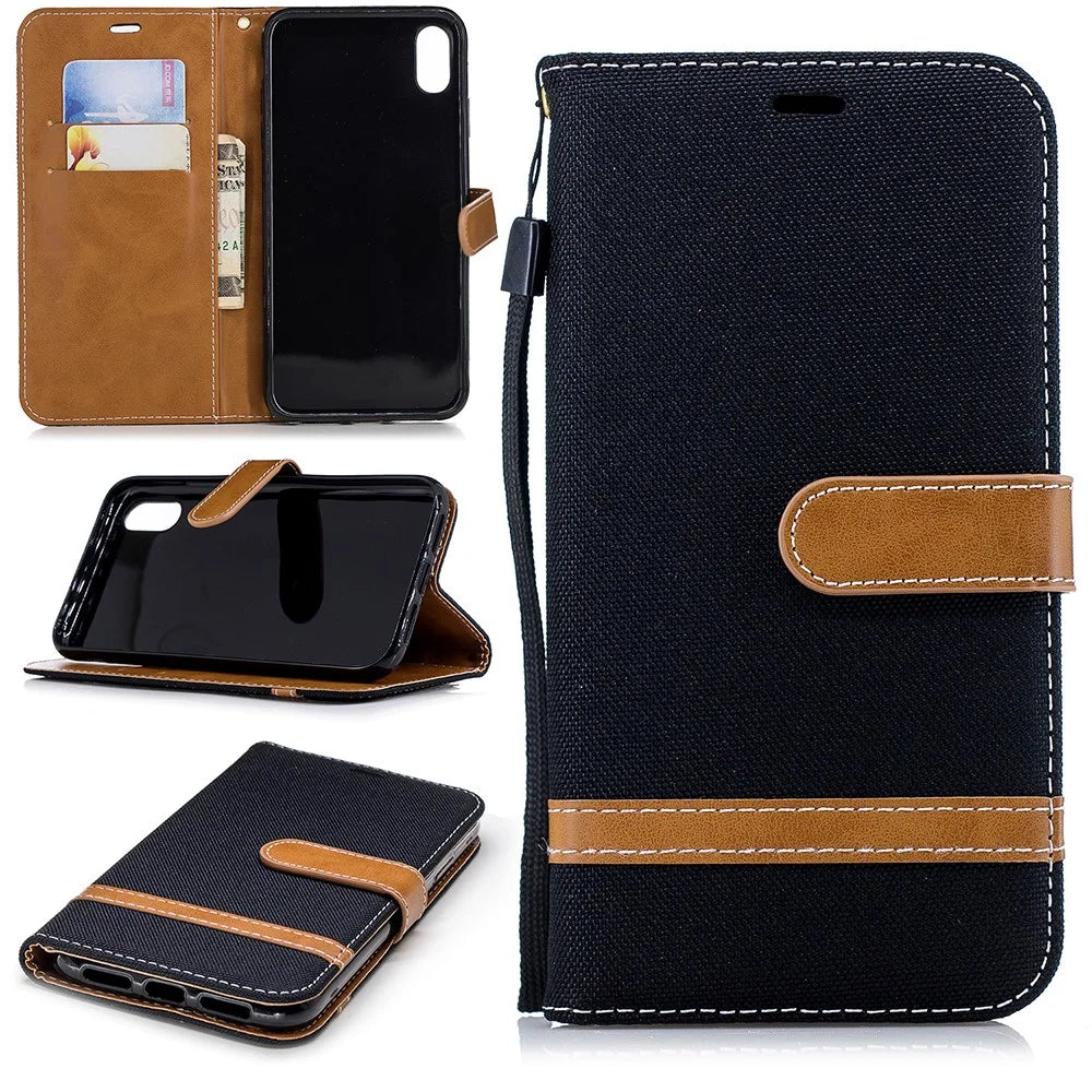 For iPhone XR 6.1 inch Assorted Color Jeans Cloth Wallet Stand Leather Phone Case - Black - 1
