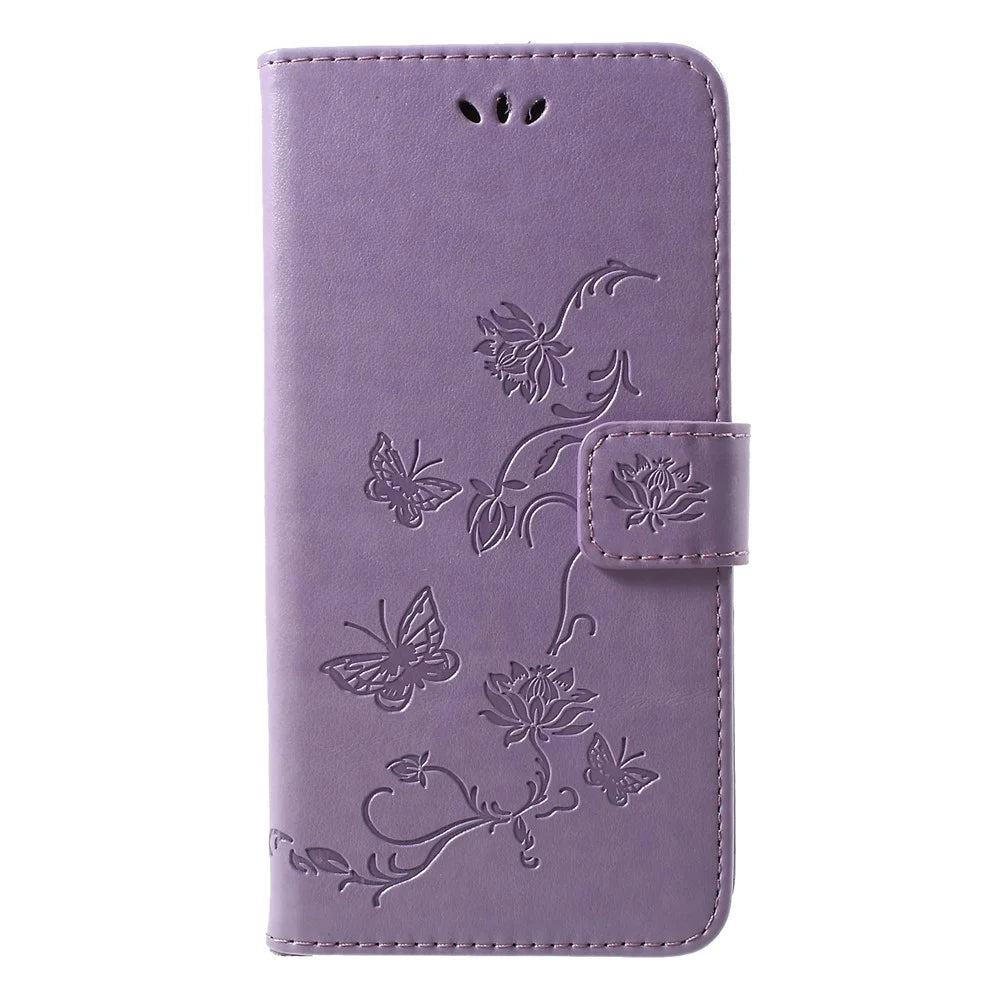 For iPhone XR 6.1 inch Imprint Butterfly Flower Wallet Stand Leather Mobile Shell - Light Purple - 1