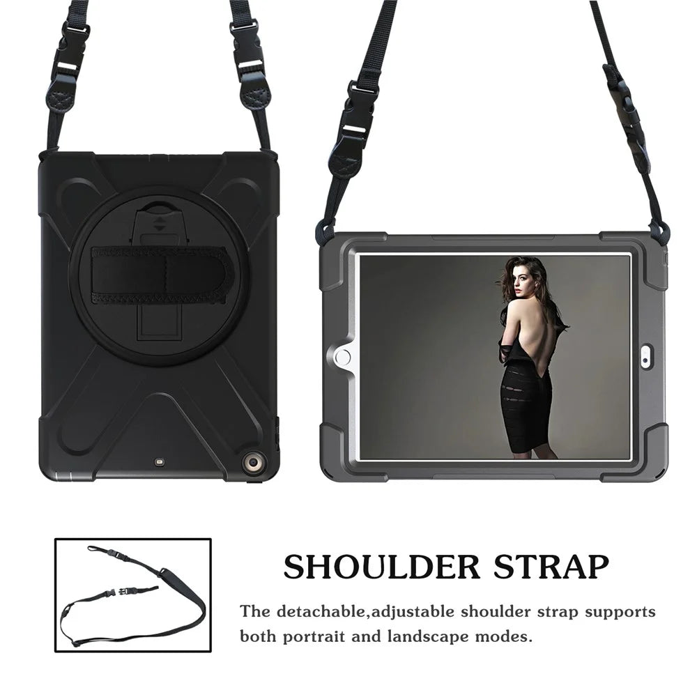 For iPad 9.7 (2018) / 9.7 (2017) X-Shape 360 Degree Swivel PC + TPU Combo Kickstand Case  with Shoulder Strap - All Black - 2