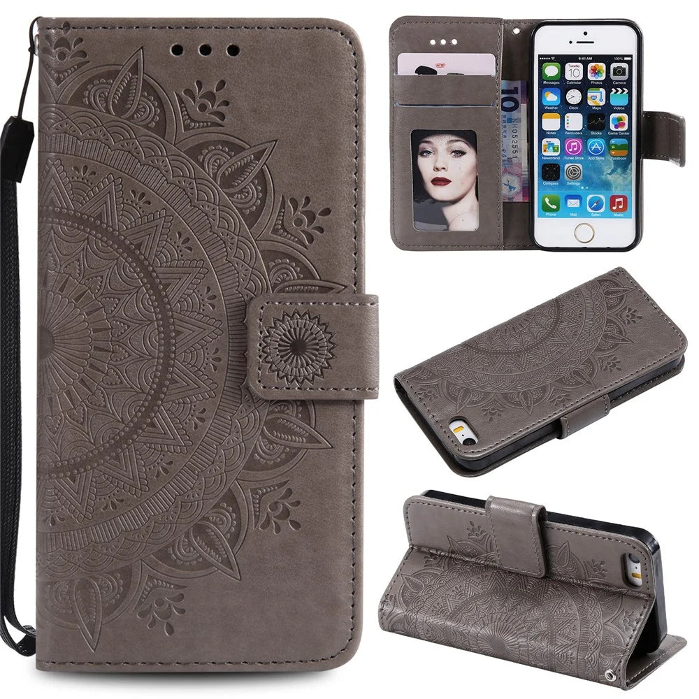 Imprinted Mandala Pattern PU Leather Protection Mobile Phone Case for iPhone SE/5s/5 - Grey - 1
