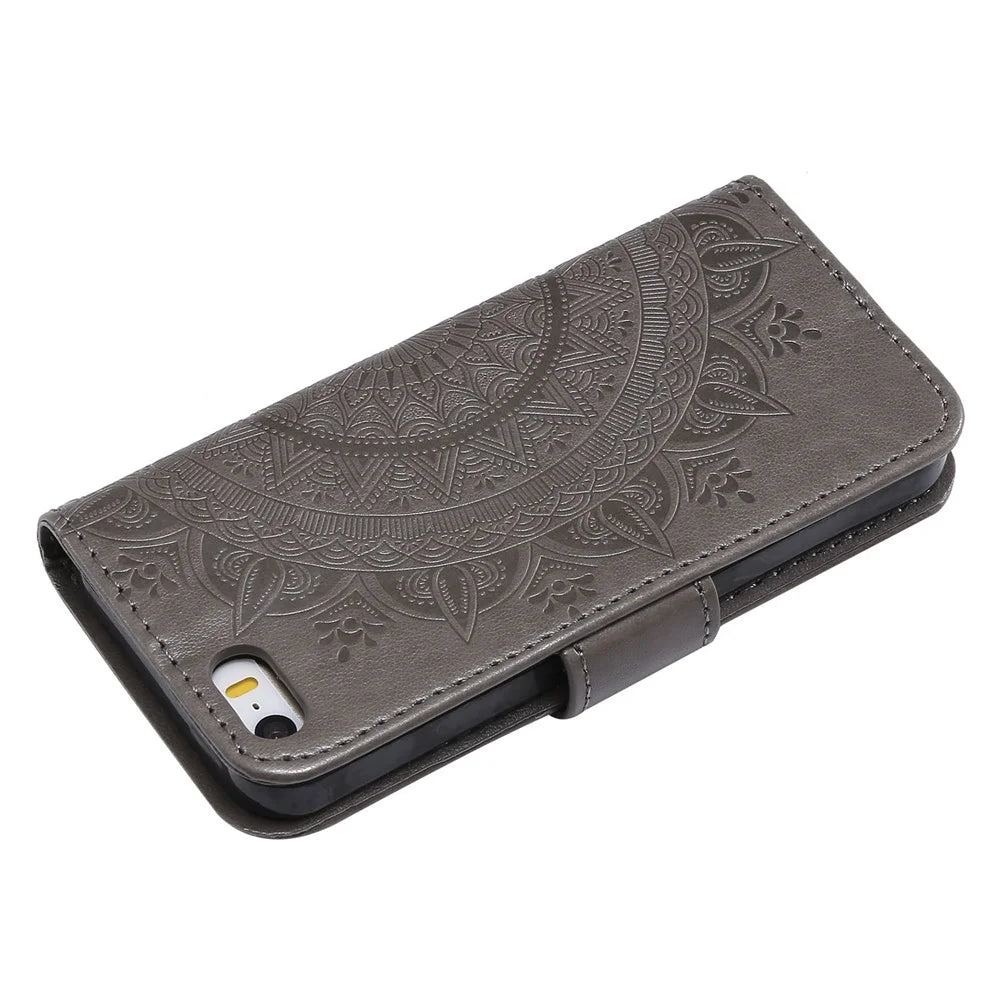 Imprinted Mandala Pattern PU Leather Protection Mobile Phone Case for iPhone SE/5s/5 - Grey - 6