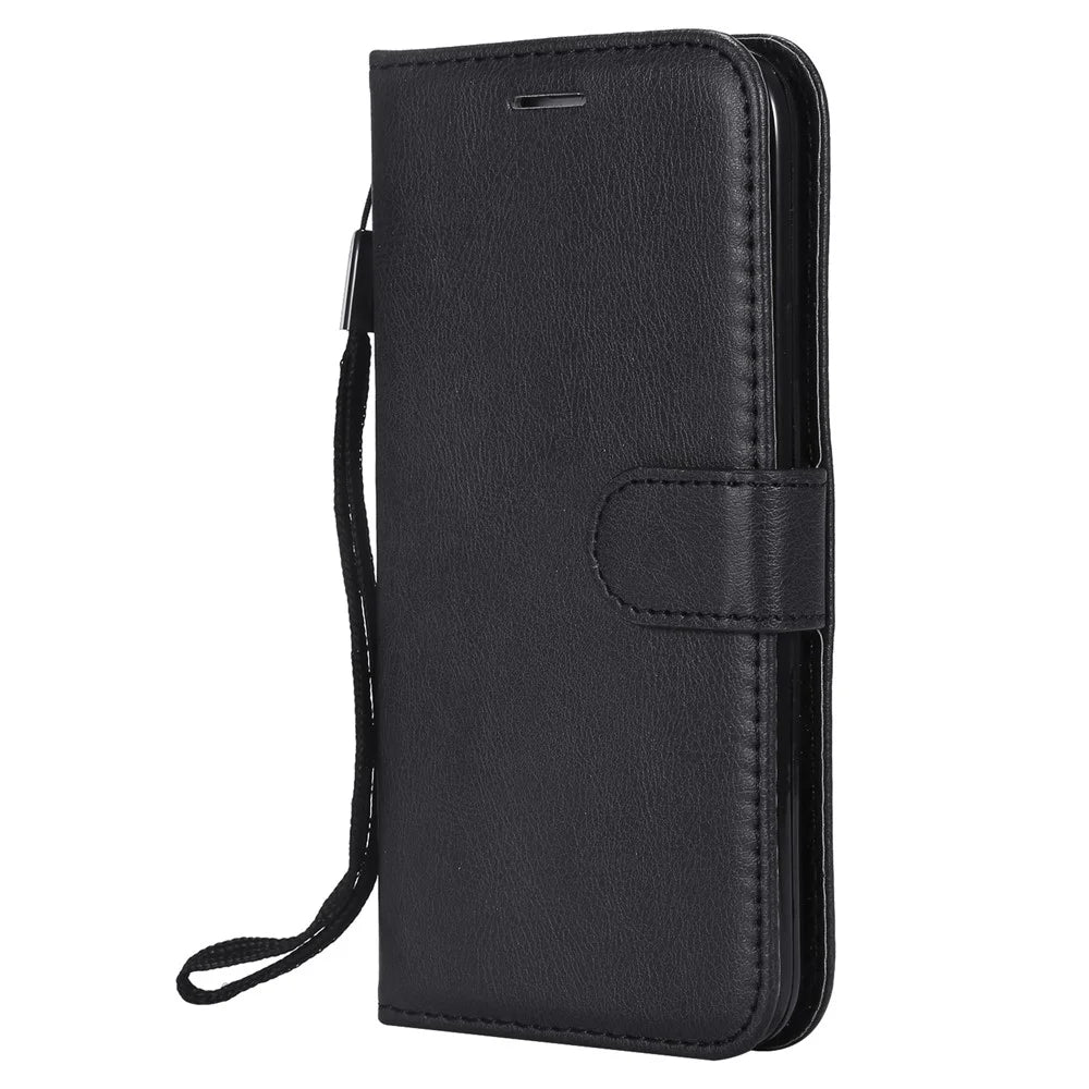 For iPhone SE / 5s / 5 Case Solid Color Leather Mobile Cover Wallet Stand with Strap - Black - 4