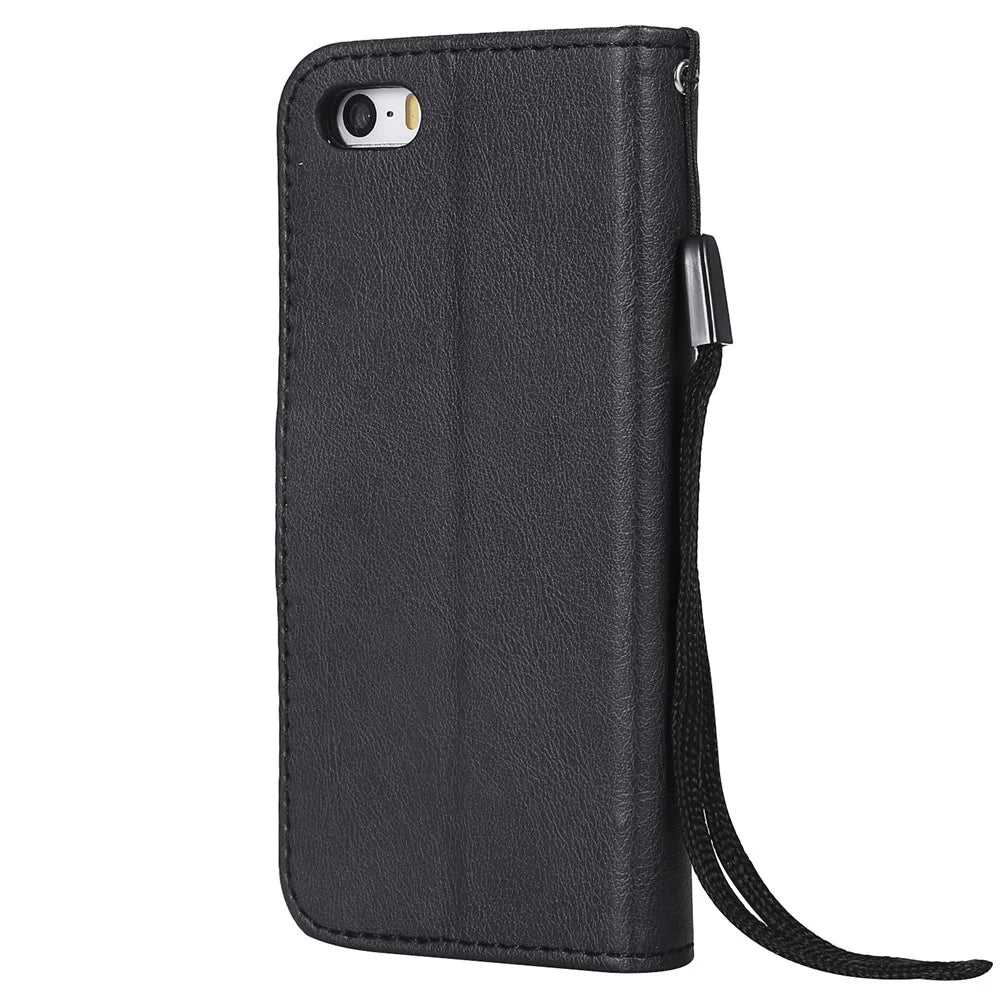 For iPhone SE / 5s / 5 Case Solid Color Leather Mobile Cover Wallet Stand with Strap - Black - 5