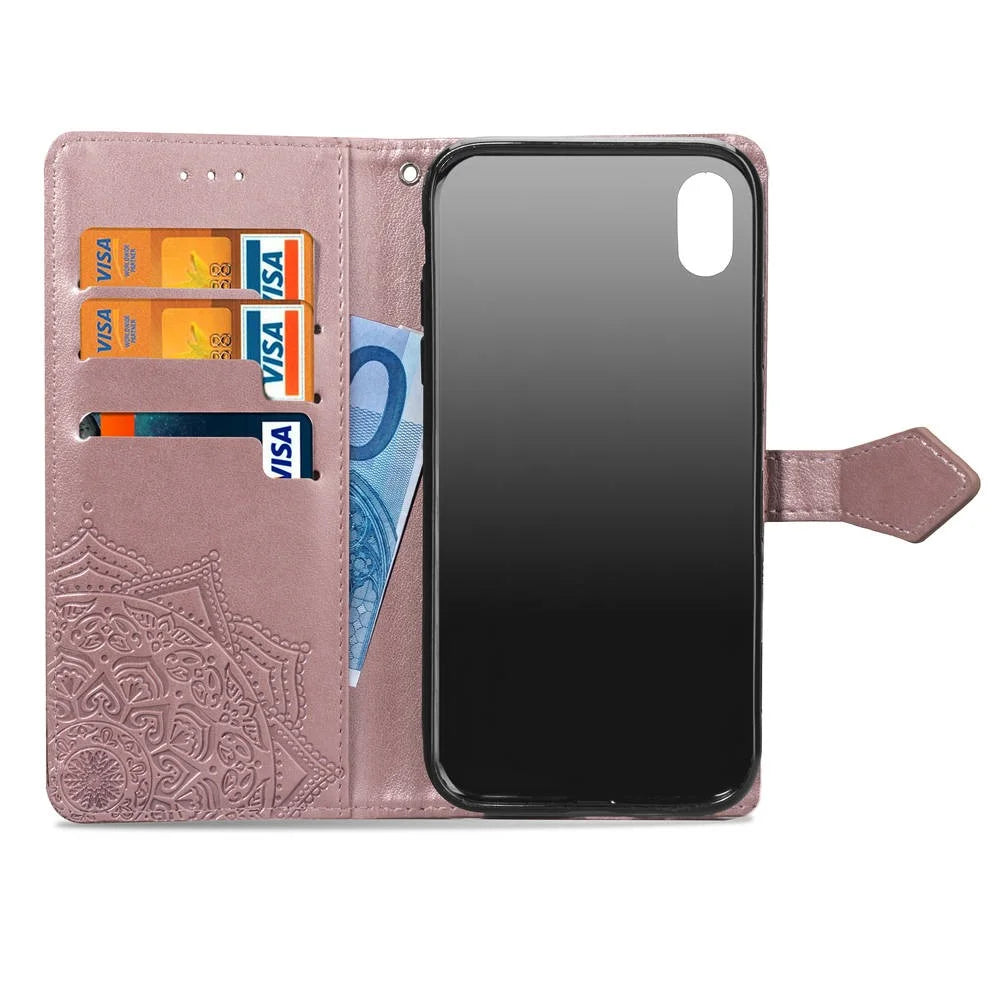 Imprinted Half Mandala Flower Leather Wallet Stand Phone Casing for iPhone XR 6.1 inch - Rose Gold - 2