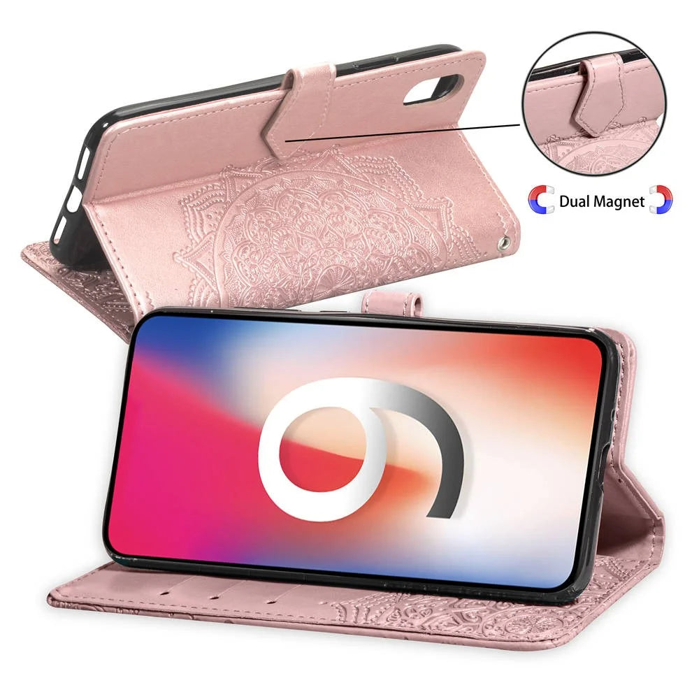 Imprinted Half Mandala Flower Leather Wallet Stand Phone Casing for iPhone XR 6.1 inch - Rose Gold - 3