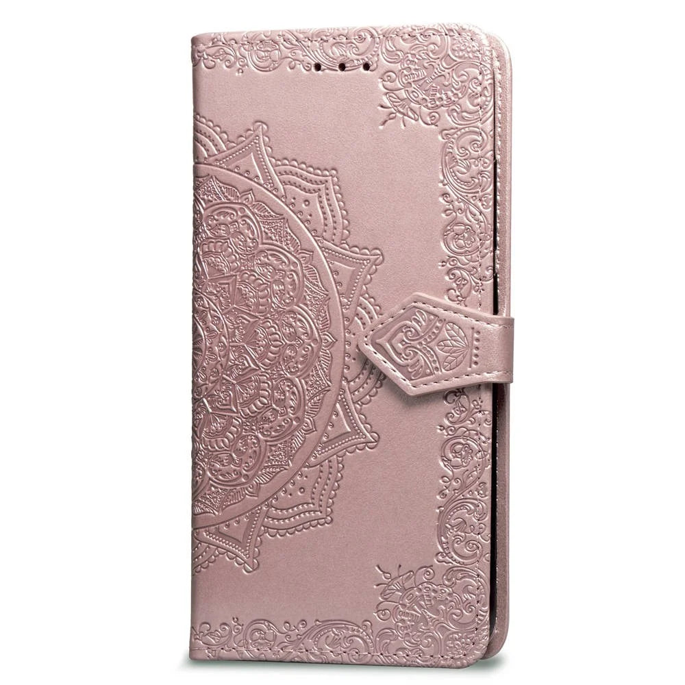 Imprinted Half Mandala Flower Leather Wallet Stand Phone Casing for iPhone XR 6.1 inch - Rose Gold - 4