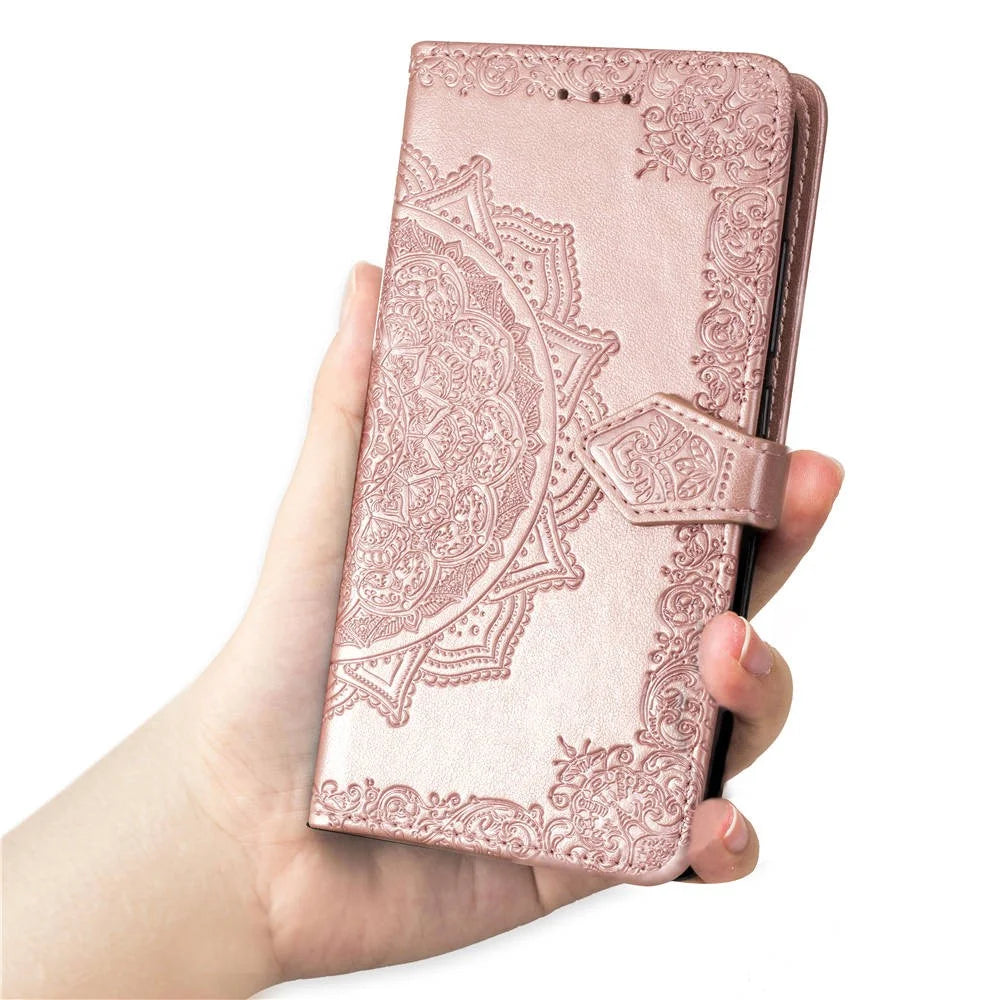 Imprinted Half Mandala Flower Leather Wallet Stand Phone Casing for iPhone XR 6.1 inch - Rose Gold - 7