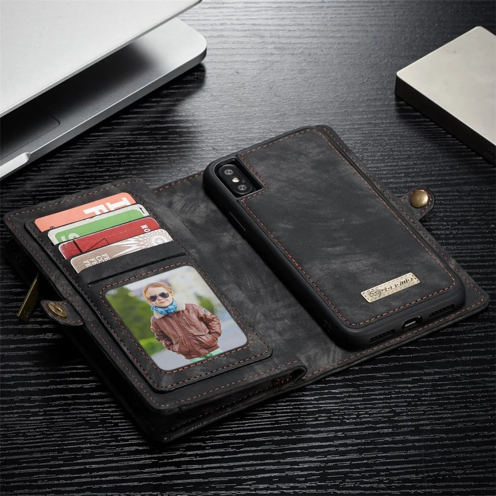 CASEME Vintage PU Leather Detachable 2-in-1 Multi-slot Wallet Casing for iPhone Xs 5.8 inch - Black - 6