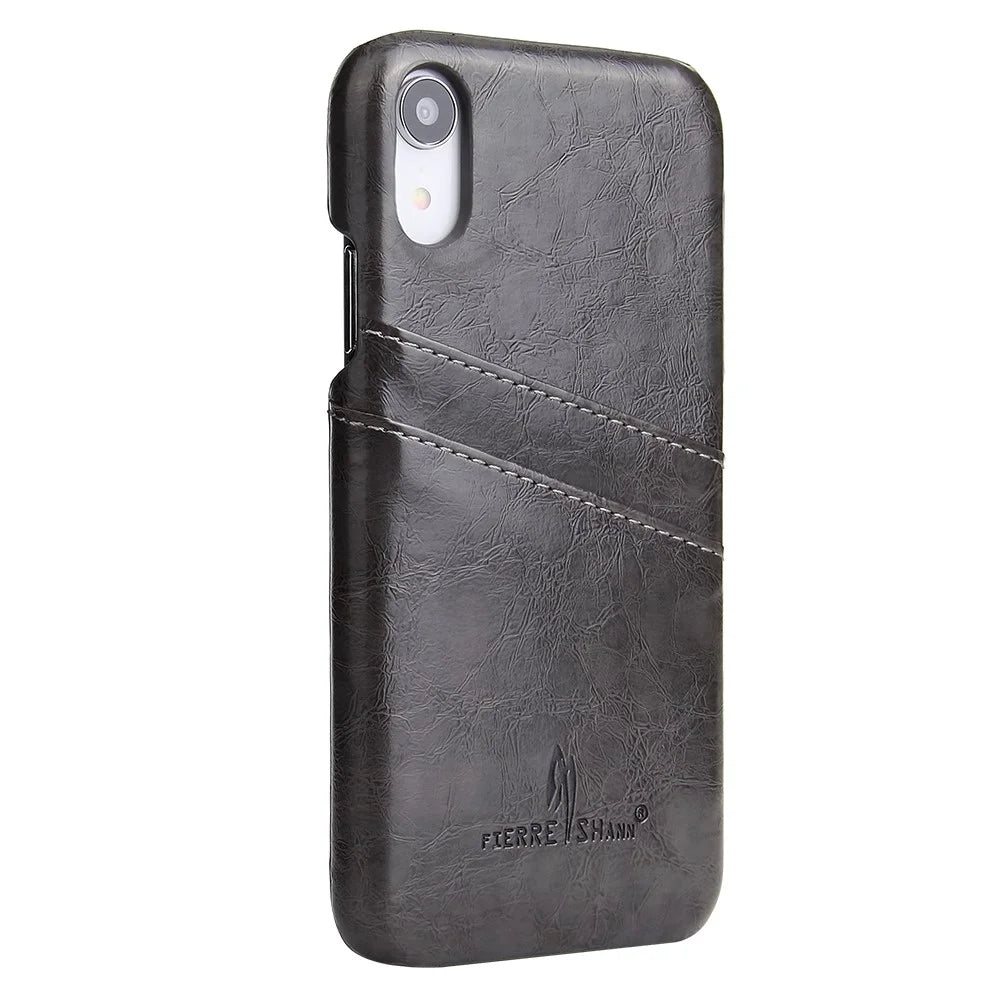 FIERRE SHANN for iPhone XR 6.1-inch Oil Wax Card Holder PU Leather Coated PC Protective Cover - Black - 2