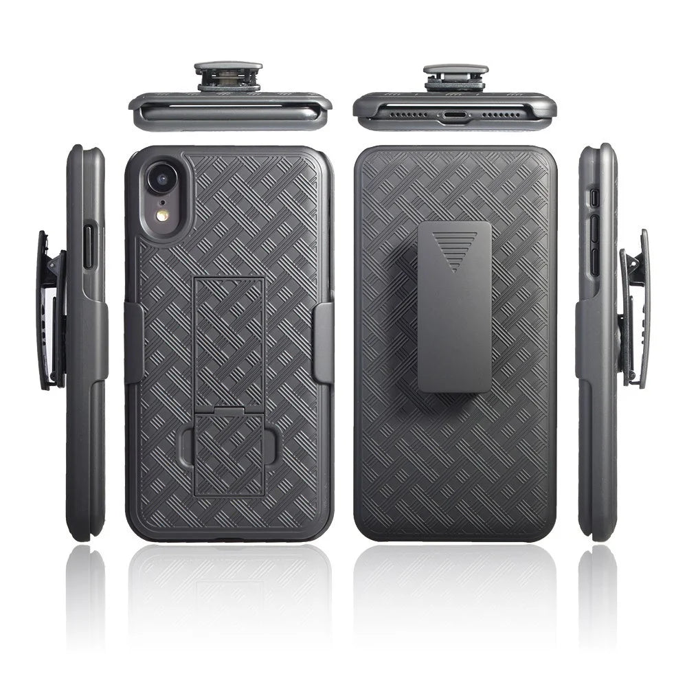 For iPhone XR 6.1 inch Woven Texture Swivel Belt Clip Holster PC + TPU Hybrid Case - Black - 3