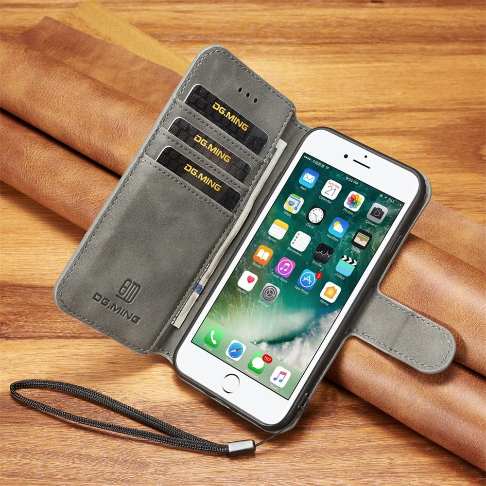 DG.MING Retro Style Wallet Cell Phone Cover for iPhone 7/8/SE (2022)/SE (2020) Leather Stand Case - Grey - 6