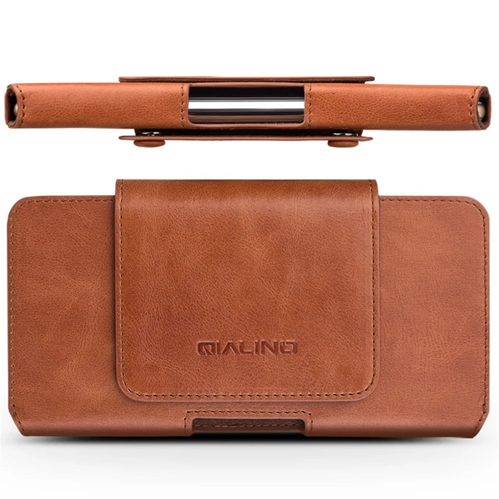 QIALINO For iPhone XR 6.1 inch / iPhone XS Max 6.5 inch Genuine Cow Leather Holster Case Phone Belt Hanging Bag, 16x9cm - Brown - 1